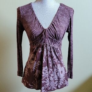 Anthropologie Language Brown Floral V-Neck Knit Top